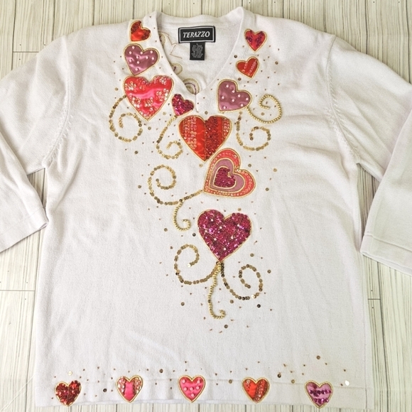 Vintage Terazzo Beaded and Embroidered Valentine's Day Sweater in White Sz Large - Picture 4 of 12